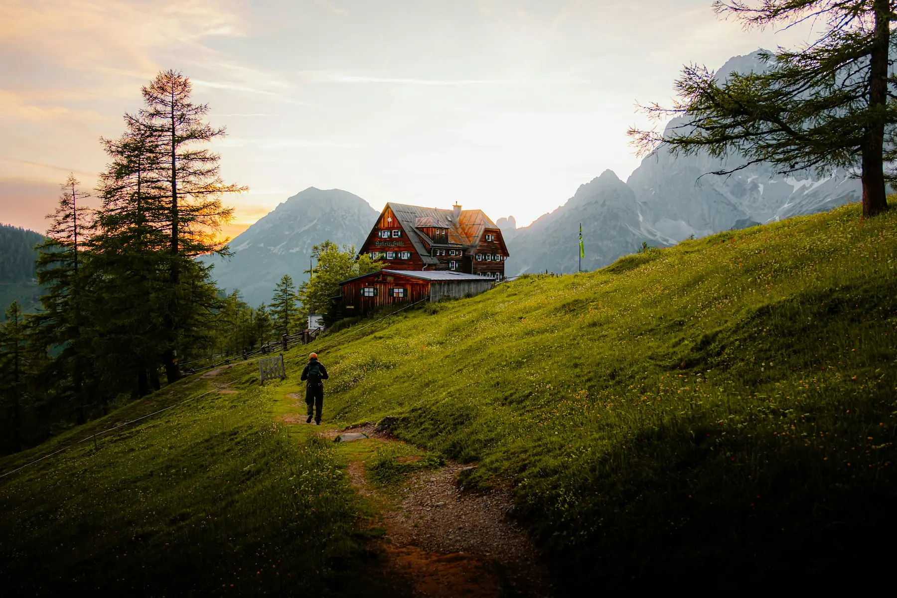 Expedition lodge at sunset in the mountains