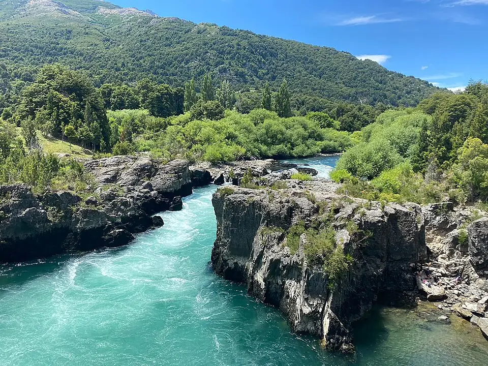 Mountain peaks and temperate rainforest flanking the Futaleufu River
