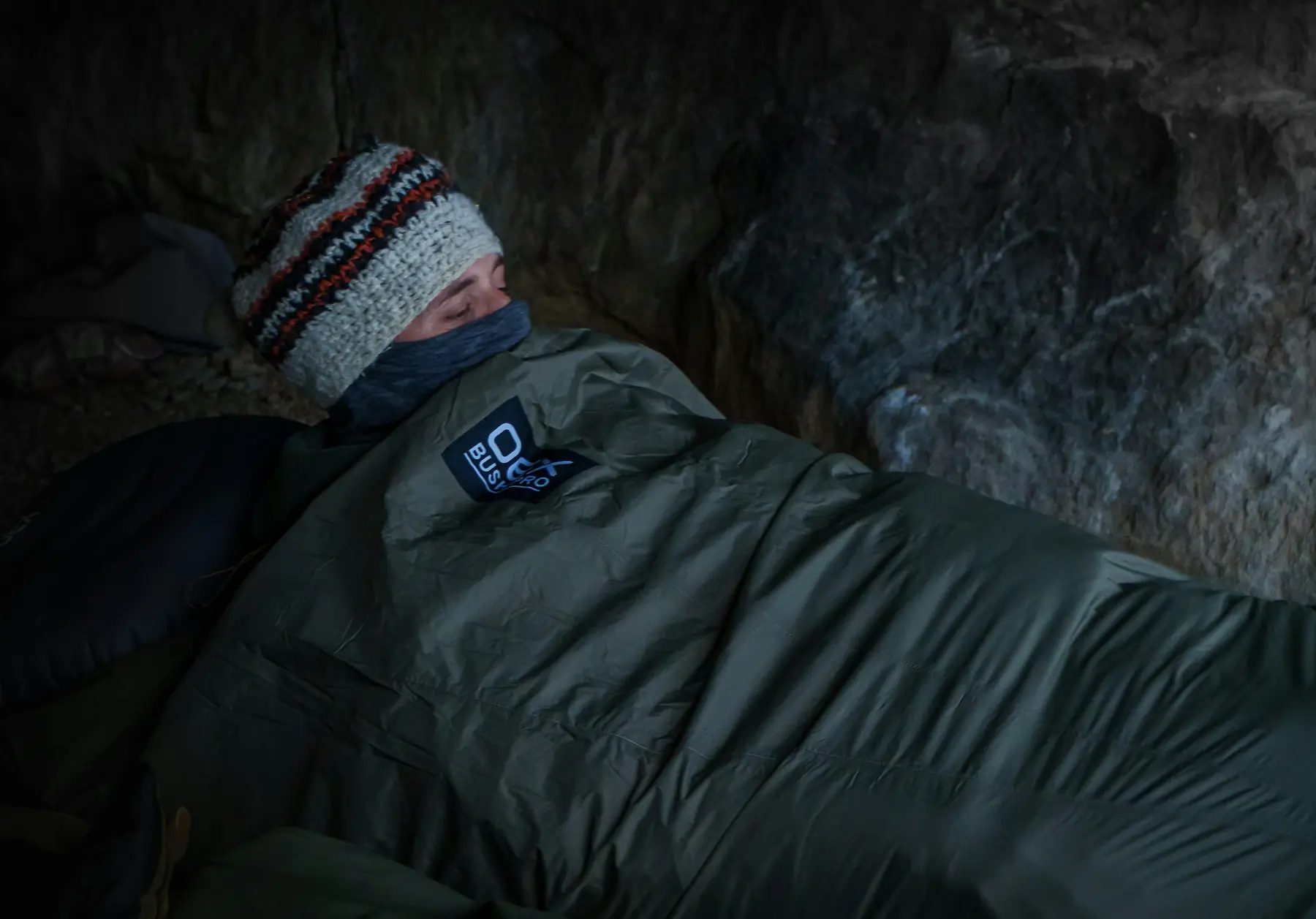 A high-performance sleeping bag laid out inside a tent during a Patagonia camping trek