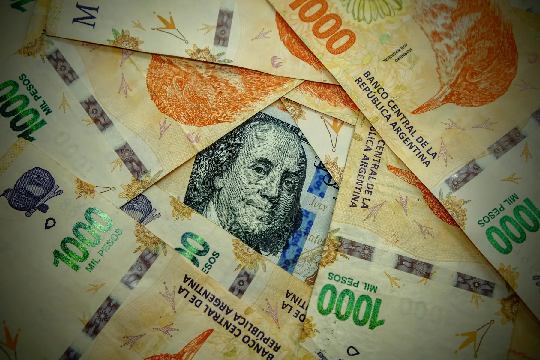Argentine peso banknotes fanned out on a table for currency exchange in Patagonia