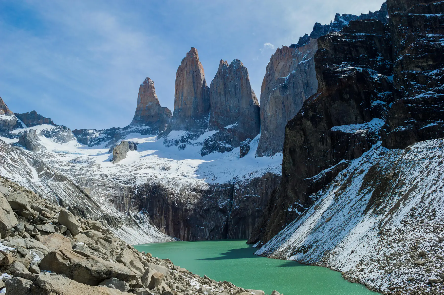 Hikers approaching the iconic Base of the Towers viewpoint.